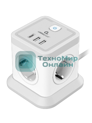 Сетевой фильтр Cablexpert Tower, TWR-4-CU2-W-2, 4р, 10А, 1xType-C PD, 20Вт, 2хUSB, 2 м, ур. защиты 2+, белый, коробка