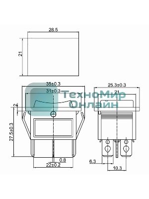 Выключатель клавишный Rexant 250V 15А (6с) ON-OFF-ON черный с нейтралью