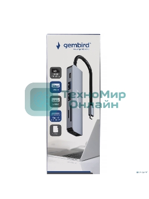 Концентратор USB Type-C Gembird UHB-D9 6в1: USB3.1, PD100W, SD/TF, USB2.0, HDMI, кабель 16см, алюминий