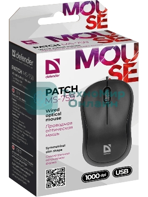 Мышь проводная Defender Patch MS-759 черный, 1000 dpi, USB, кнопки - 3