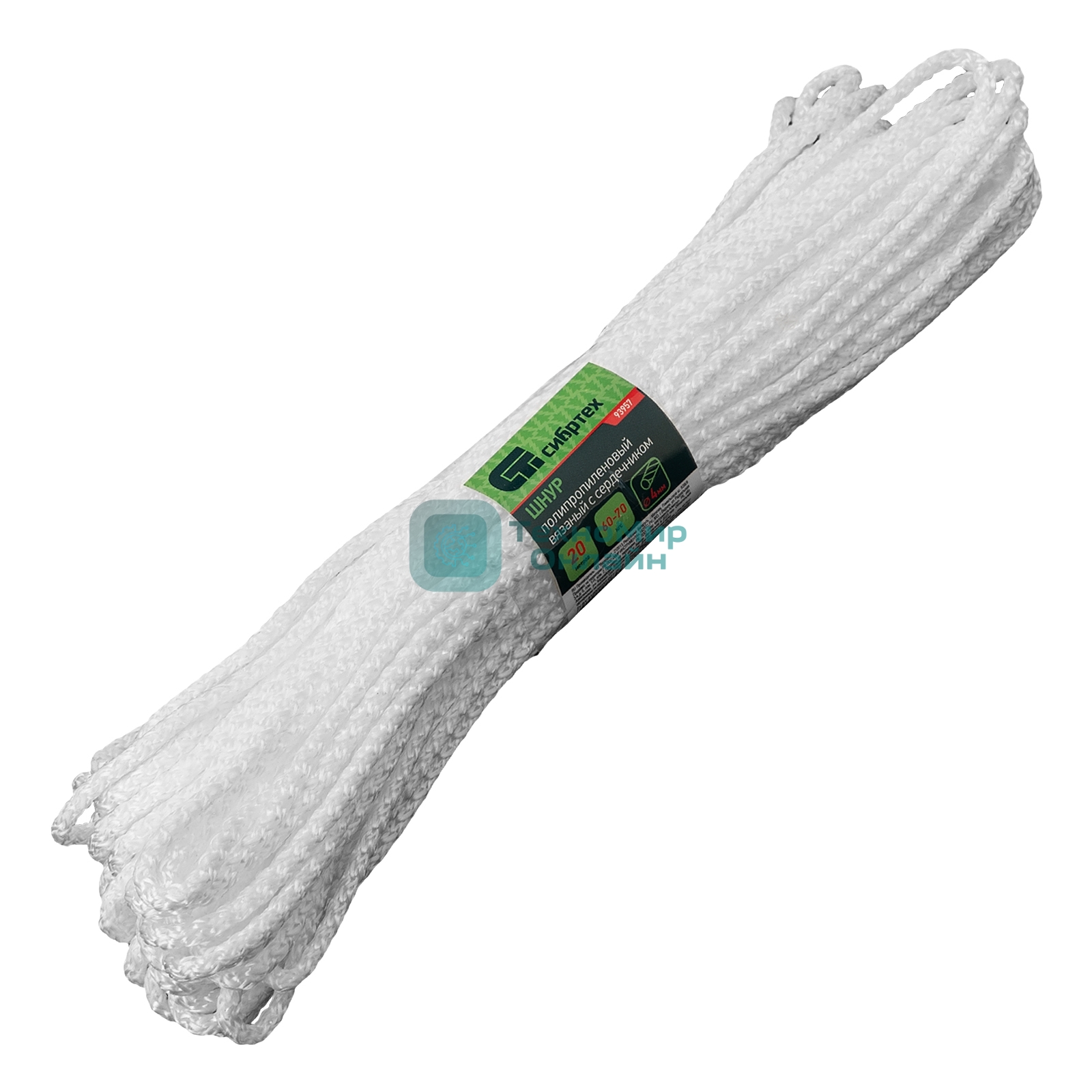 Шнур вязаный полипропиленовый Сибртех с сердечником, 4 мм, L20 м, 60-70 кгс, белый