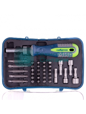 Отвертка реверсивная Сибртех с набором бит и торцевыми головками 35 шт., CrV