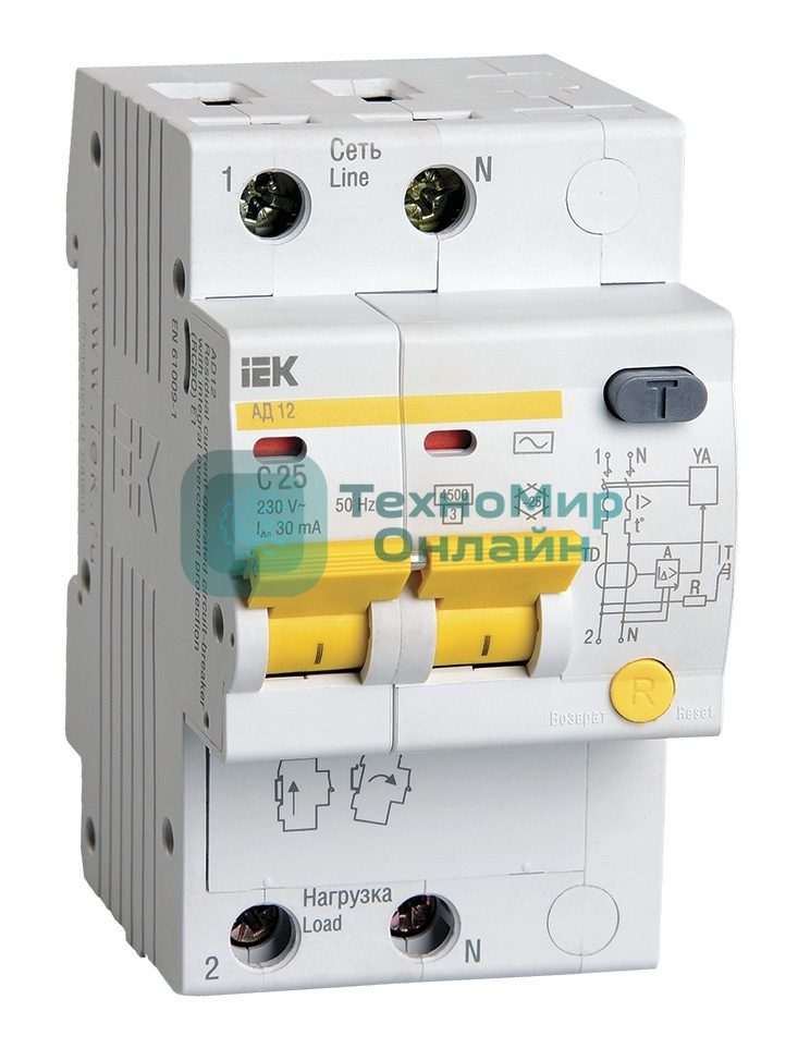Выключатель автоматический дифференциального тока IEK 2п 25А/30мААД-12 MAD10-2-025-C-030