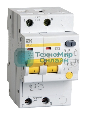 Выключатель автоматический дифференциального тока IEK 2п 25А/30мААД-12 MAD10-2-025-C-030