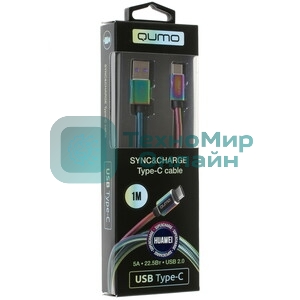 Кабель Qumo Type-С кабель, 1м, USB 2.0, 5В, 2А, 10Вт, тканевая оплетка, стальной коннектор, черный