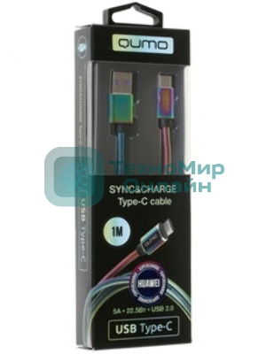 Кабель Qumo Type-С кабель, 1м, USB 2.0, 5В, 2А, 10Вт, тканевая оплетка, стальной коннектор, черный