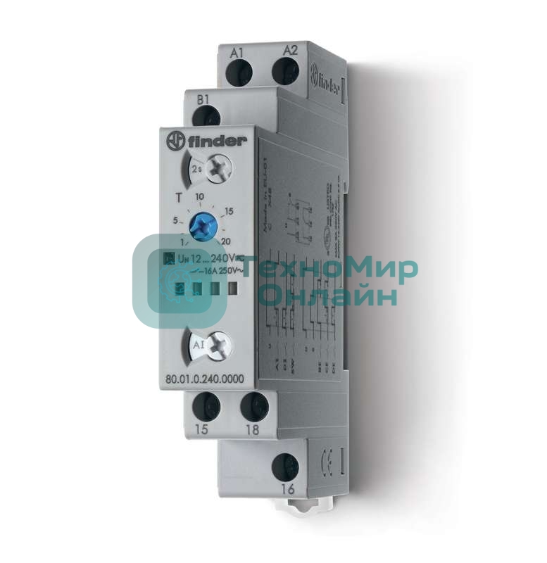 Таймер модульный мультифункциональный (AI DI SW BE CE DE) 12…240В AC/DC 1CO 16А 17.5мм регулировка времени 0.1с…24ч IP20 FINDER 800102400000