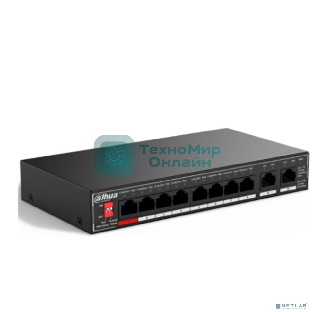 Коммутатор гигабитный 10-портовый неуправляемый c PoE Dahua DH-SG1010P, 8xRJ45 1Gb PoE, 2xRJ45 1Gb uplink, суммарно 96Вт, коммутация 20 Гбит/с, MAC-таблица 4K, металл