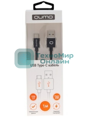 Кабель Qumo Type-С кабель, 1м, USB 2.0, 5В, 5А, 25Вт, тканевая оплетка, стальной коннектор, черный