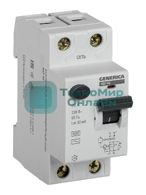 Выключатель дифференциального тока (УЗО) ВД1-63 2п 25А 30мА тип AC GENERICAMDV15-2-025-030IEK