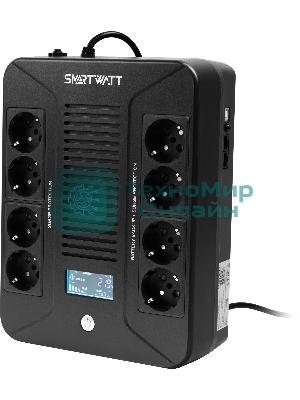 Источник бесперебойного питания SMARTWATT UPS SAFE PRO LCD 800 черный 800/480 ВА/Вт, напольный/настенный, линейно-интерактивный, LCD дисплей, Shuko CEE7/4 - 8 шт. (4 шт. с резервным питанием, 4 шт. - сетевой фильтр)
