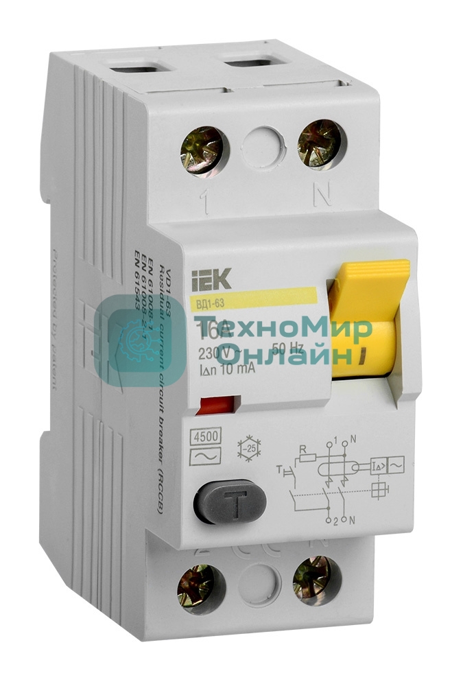 Выключатель дифференциального тока (УЗО) 2п 16А 10мА тип AC ВД1-63 IEK MDV10-2-016-010