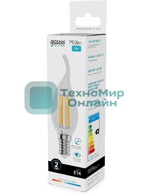 Лампа филам. Gauss Filament 12Вт цок.:E14 свеча св.свеч.бел.нейт. (упак.:10шт) (42122)