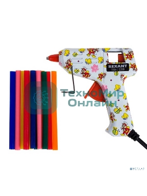 Клеевой пистолет Rexant, 15 Вт, Ø7 мм + набор цветных стержней 12 шт, блистер