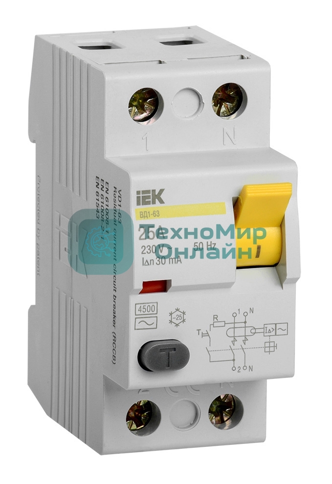 Выключатель дифференциального тока (УЗО) 2п 25А 30мА тип AC ВД1-63 IEK MDV10-2-025-030