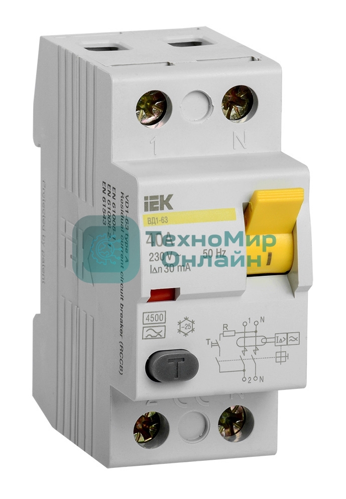 Выключатель дифференциального тока (УЗО) 2п 40А 30мА тип AC ВД1-63 IEK MDV10-2-040-030