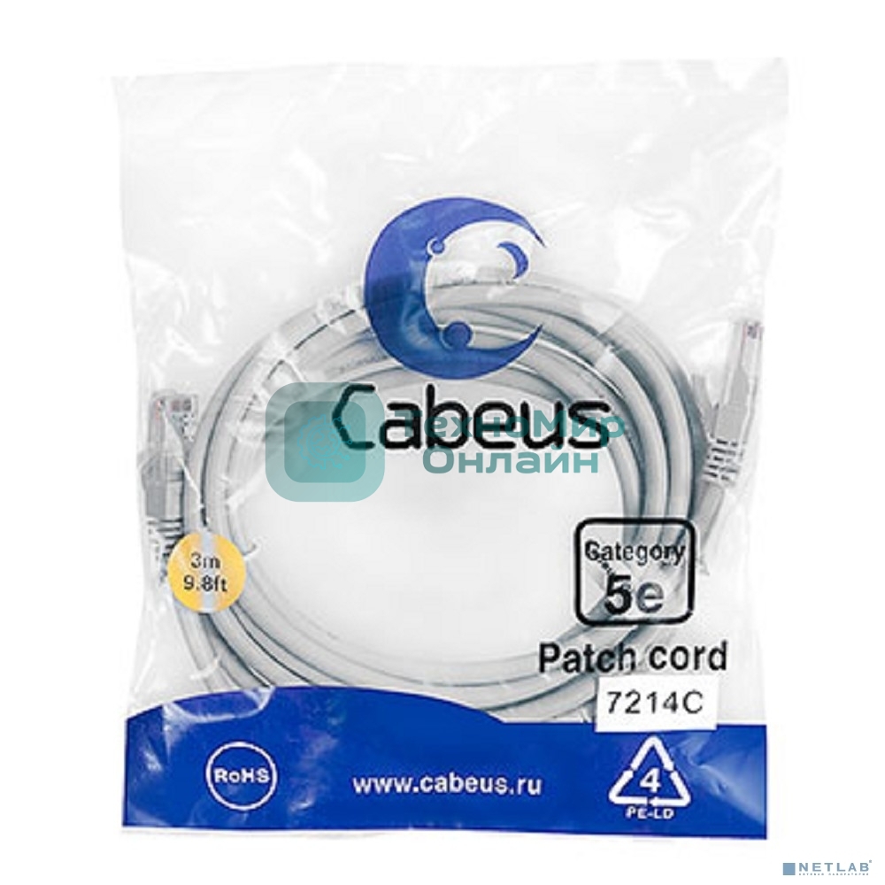 Патч-корд Cabeus PC-UTP-RJ45-Cat.5e-3m U/UTP, cat.5е, 2xRJ45/8p8c, неэкранированный, серый, PVC, 3м