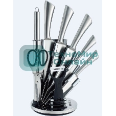 Набор кухонных ножей KELLI KL-2120 метал на подставке Высококачественная сталь 9 предметов: Топорик кухонный 16 см, Нож поварской 20 см, Нож хлебный 20 см, Нож для резки 12 см, Нож овощной 9см, Точилка, Ножницы Овощечистка с керамическим лезвием. Острая режущая кромка Легкая заточка Удобные ручки Восхитительный дизайн Практичная подставка