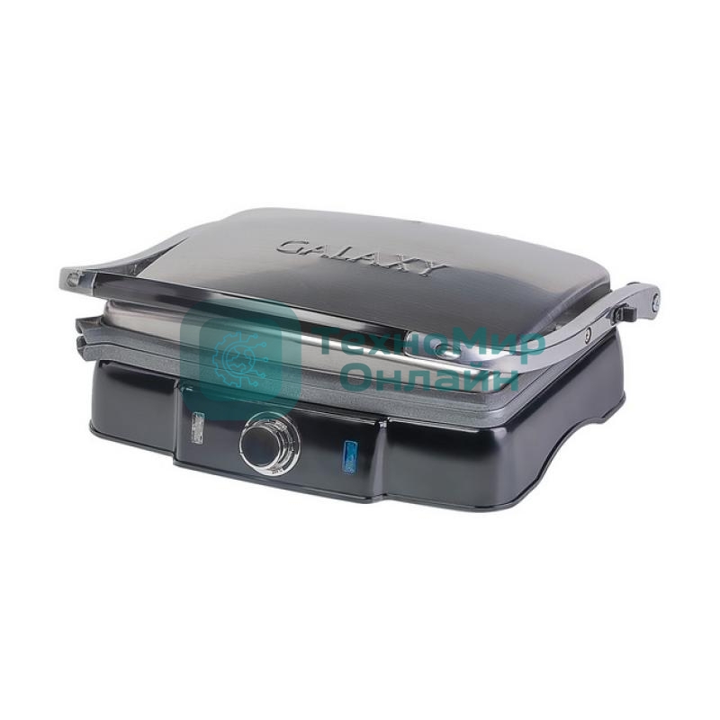 Гриль электрический Galaxy Line GL 2961, черный с серебристым, механическое управление, 2200 Вт, мраморное керамическое покрытие рабочей поверхности, корпус из нержавеющей стали, индикаторы сети и нагрева, регулятор температуры, лопатка и емкости для сбора жидкости