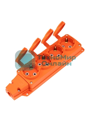 Розетка (колодка) Rexant влагозащищенная с крышкой 4 гнезда COMPACT, с/з, 16А, IP54, каучук, оранжевый