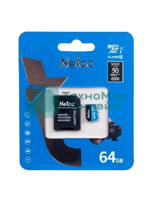 Флеш карта microSDHC 64Gb Netac P500 NT02P500STN-064G-R (с SD адаптером) 80Mb/s