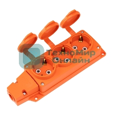 Розетка (колодка) Rexant влагозащищенная с крышкой 3 гнезда COMPACT, с/з, 16А, IP54, каучук, оранжевый