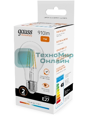Лампа светодиодная филаментная Gauss Filament 11Вт цок.: E27 груша св. свеч. бел. теп. (упак.: 10 шт)