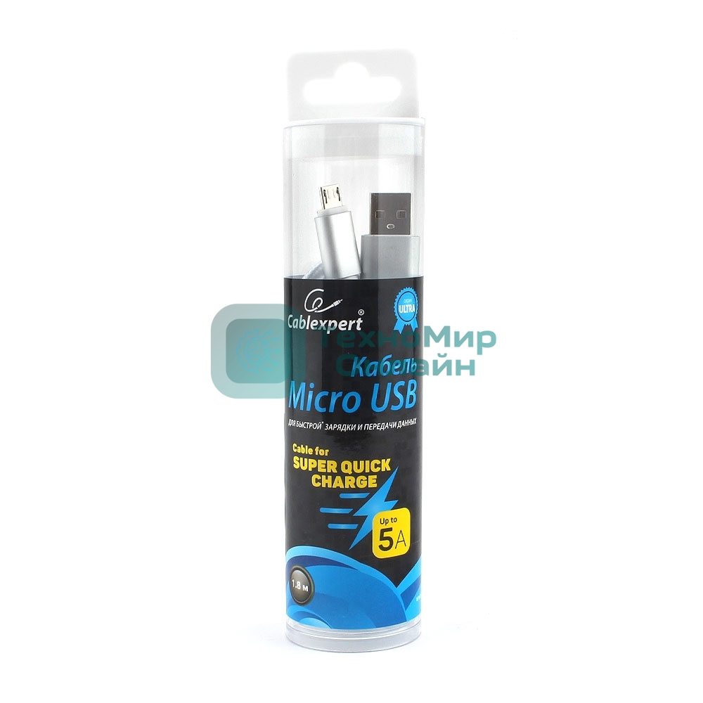 Кабель USB2.0 Cablexpert CC-U-mUSB02S-1.8M, AM/microB, серия Ultra, длина 1.8м, серебристый, блистер