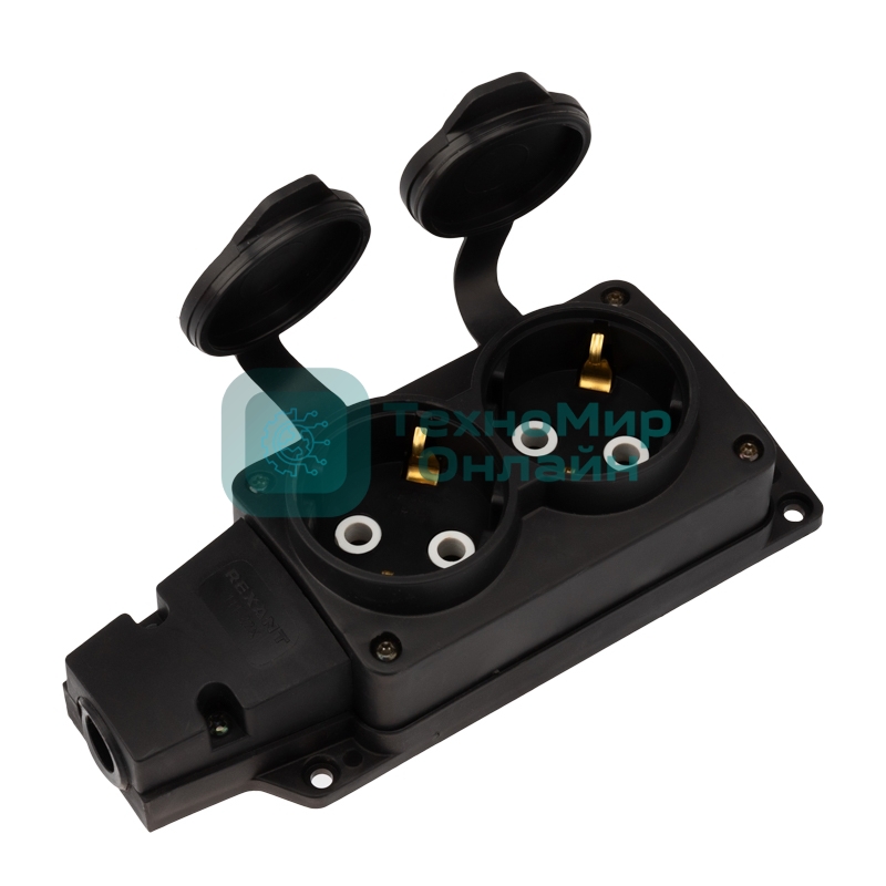 Розетка (колодка) Rexant влагозащищенная с крышкой 2 гнезда COMPACT, с/з, 16А, IP54, каучук, черный