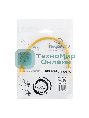 Патч-корд UTP Cablexpert cat.5e, 0.25м, литой, многожильный, желтый