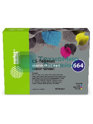 Чернила Cactus CS-T664set 664 голубой/пурпурный/желтый/черный набор 4x70мл для Epson L130,L110,L100,L220,L200,L310,L300,L360,L361,L380,L382,L350,L355,L365,L395,L405,L485,L495,L555,L565,L575,Expression ET-2500,ET-2550,ET-2600,ET-2650,ET-4500;WorkForce ET-14000,ET-16500;L1300,L1400,L605,L655,L656,L1455;ET-3600, ET-4550, ET-16500