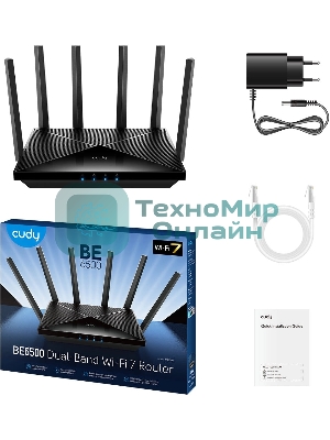 Маршрутизатор Cudy APP BE6500 2.5G Dual Band Wi-Fi 7 Mesh Router, Chipset Broadcom, 802.11be/ax/ac/a/b/g/n, 5764Mbps at 5GHz + 688Mbps at 2.4GHz, 1 x 2.5Gbps WAN Port, 4 x 10/100/1000Mbps Ports, 6 x 5dBi fixed antennas, WiFi router/AP/Repeater/WISP Mode, PPTP/L2TP/OpenVPN/WireGuard, MLO, MU-MIMO, Guest network, WPS, DDNS, IPv6, IPTV, WOL, WPA3, TR069/TR098/TR111/TR181