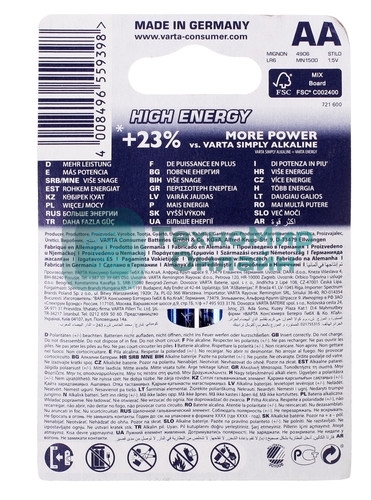 Батарейка Varta LONGLIFE POWER (HIGH ENERGY) LR6 AA 04906121412 BL2 Alkaline 1.5V (4906) (2/40/200)
