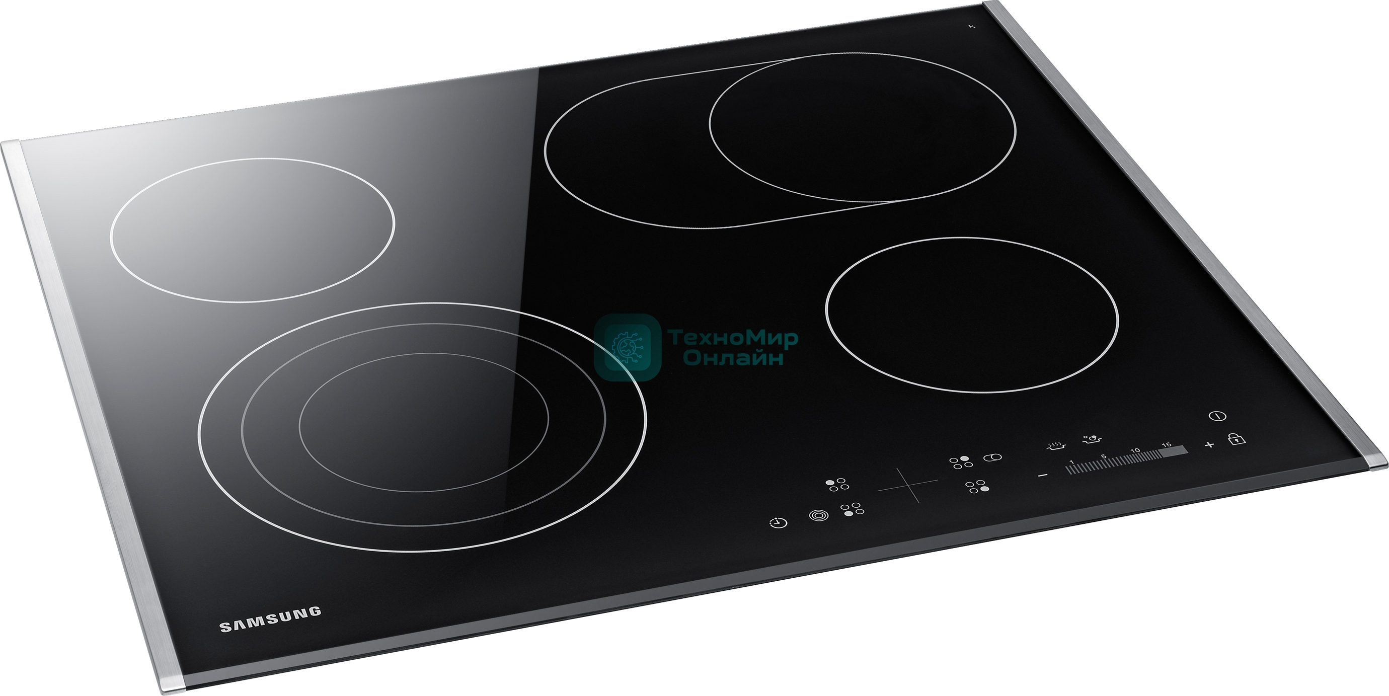 Встраиваемая электрическая панель Samsung NZ64T3536DK/WT 59 x 50.5 x 5.2 см., электронное управление, 15 степеней мощности, автоматическое отключение, защита от детей, блокировка управления, дисплей, 4 конфорки, 2 с зоной расширения, рамка из нержавеющей стали, корпуса черный